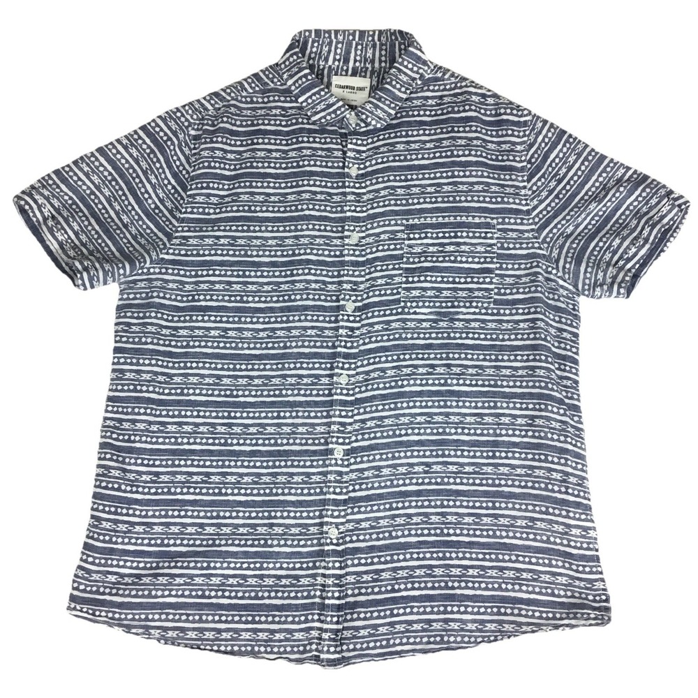 Cedarwood State Men XL Blue White Geometric Striped Short Sleeve Button Up Shirt